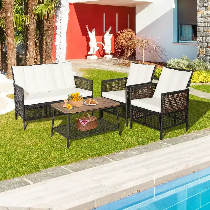 Conjunto de muebles de patio de ratán Costway de 8 piezas, sillas acolchadas, tablero de madera para mesa con estante