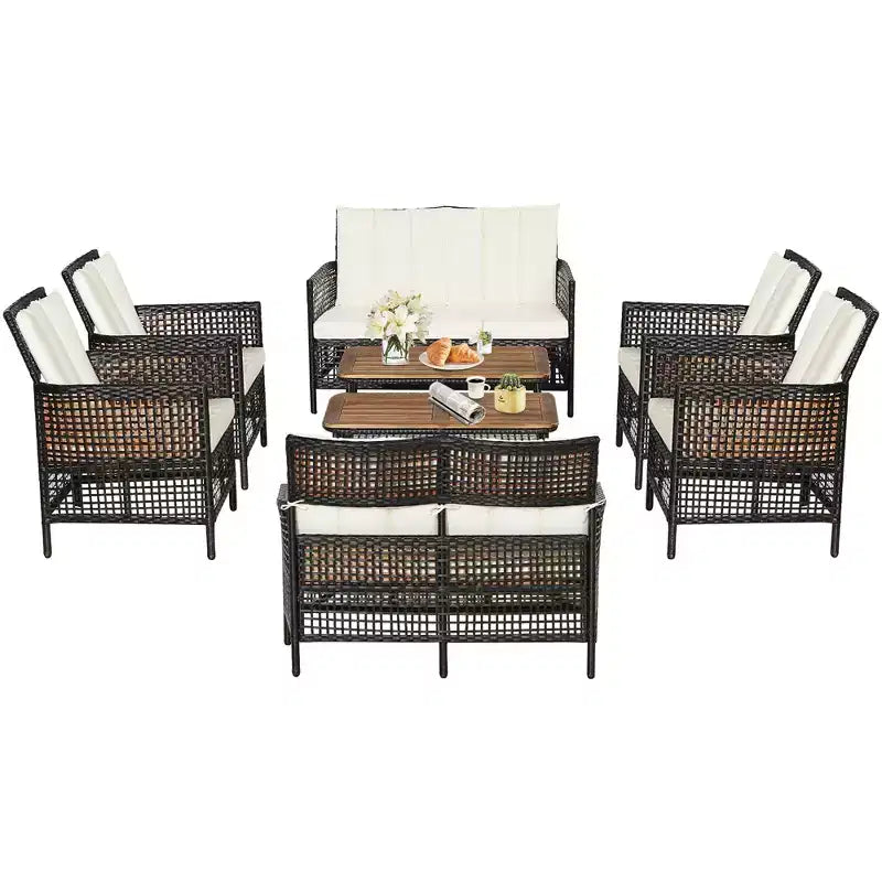 Conjunto de muebles de patio de ratán Costway de 8 piezas, sillas acolchadas, tablero de madera para mesa con estante