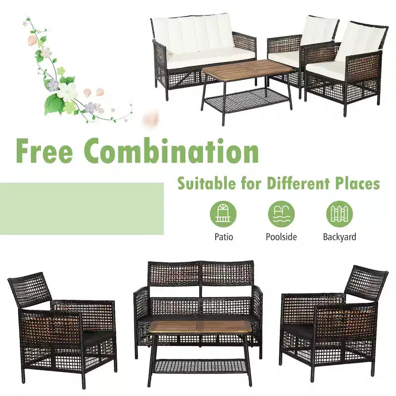 Conjunto de muebles de patio de ratán Costway de 8 piezas, sillas acolchadas, tablero de madera para mesa con estante
