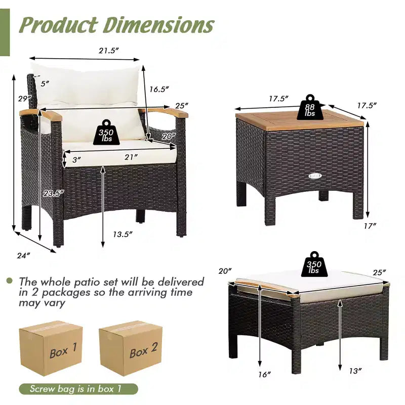 Conjunto de muebles de ratán para patio Costway de 5 piezas, sofá, otomana y mesa acolchada con superficie de madera