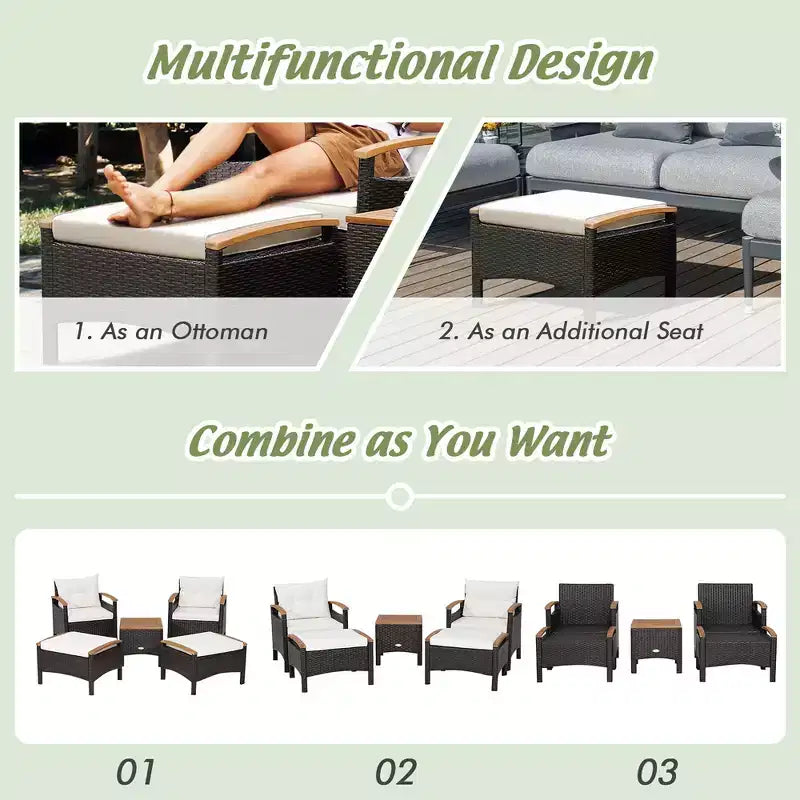 Conjunto de muebles de ratán para patio Costway de 5 piezas, sofá, otomana y mesa acolchada con superficie de madera
