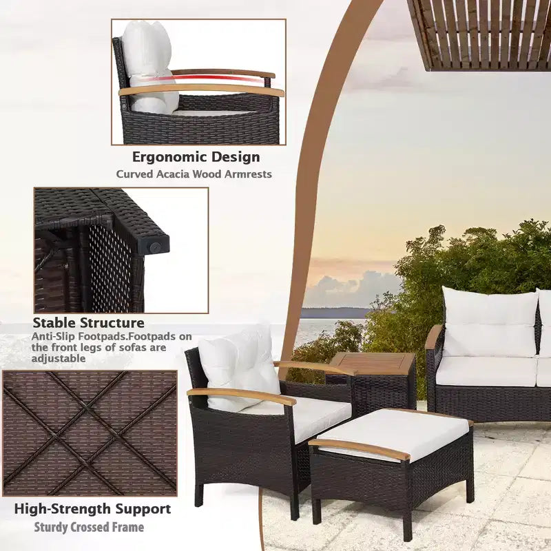 Conjunto de muebles de ratán para patio Costway de 5 piezas, sofá, otomana y mesa acolchada con superficie de madera