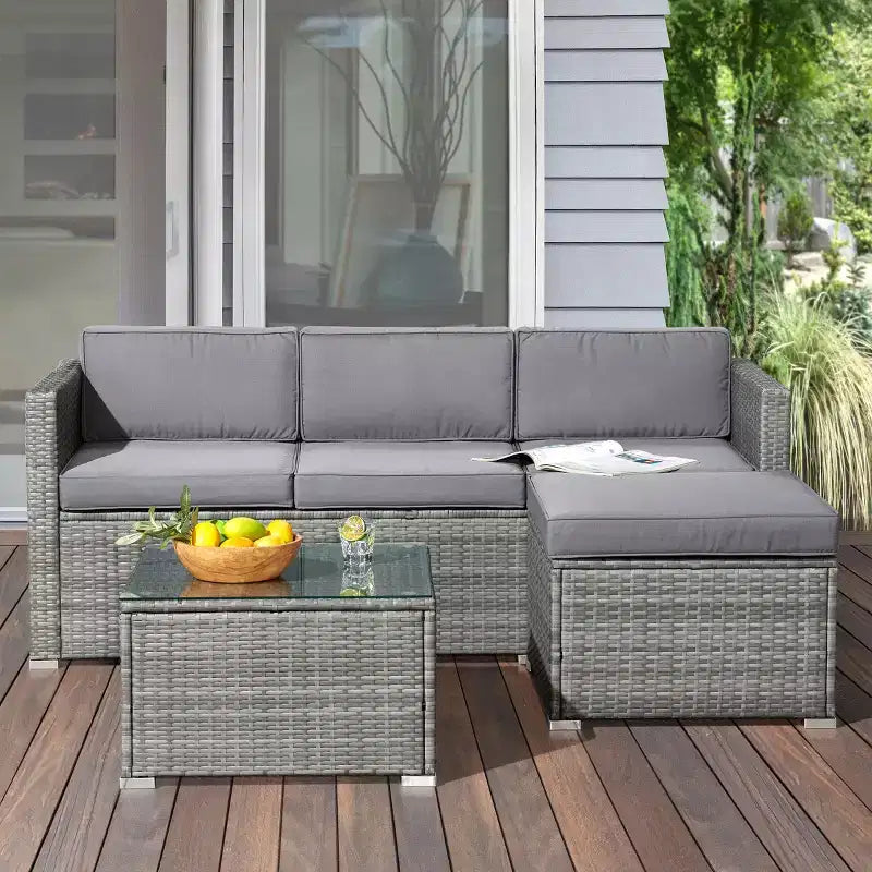 Conjunto de muebles para patio de 3 piezas: combinación de sofá de ratán para exterior, otomana y mesa para terraza, piscina, porche acristalado o jardín, de Lavish Home (gris/azul)