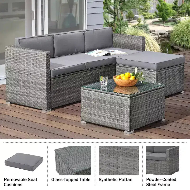 Conjunto de muebles para patio de 3 piezas: combinación de sofá de ratán para exterior, otomana y mesa para terraza, piscina, porche acristalado o jardín, de Lavish Home (gris/azul)