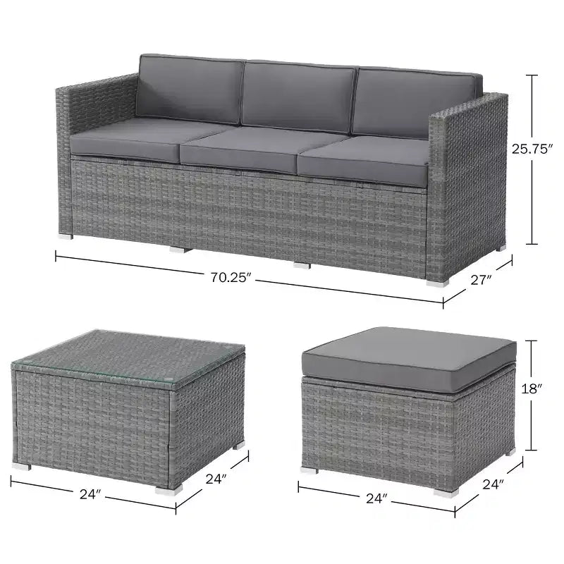 Conjunto de muebles para patio de 3 piezas: combinación de sofá de ratán para exterior, otomana y mesa para terraza, piscina, porche acristalado o jardín, de Lavish Home (gris/azul)