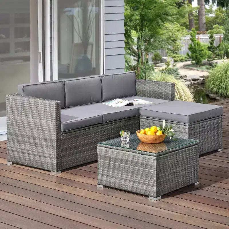 Conjunto de muebles para patio de 3 piezas: combinación de sofá de ratán para exterior, otomana y mesa para terraza, piscina, porche acristalado o jardín, de Lavish Home (gris/azul)
