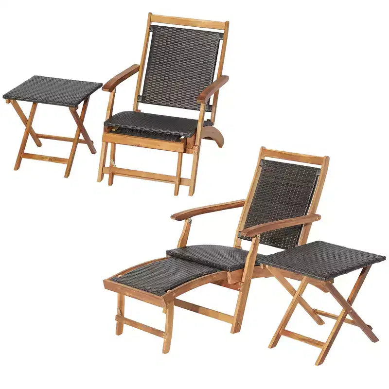 Costway Ensemble de salon de terrasse en rotin de 4 pièces avec table en bois d’acacia et repose-pieds rétractable