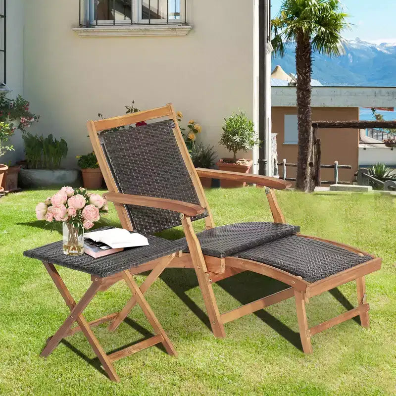 Costway Ensemble de salon de terrasse en rotin de 4 pièces avec table en bois d’acacia et repose-pieds rétractable