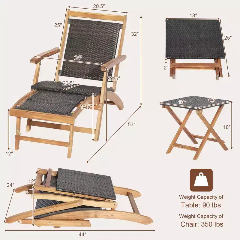 Costway Ensemble de salon de terrasse en rotin de 4 pièces avec table en bois d’acacia et repose-pieds rétractable