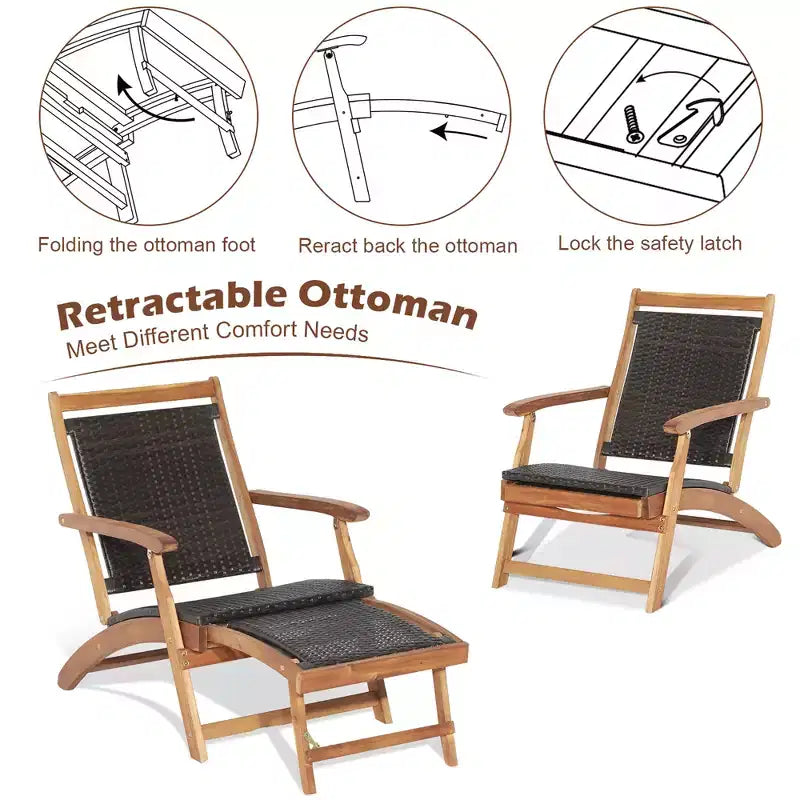 Costway Ensemble de salon de terrasse en rotin de 4 pièces avec table en bois d’acacia et repose-pieds rétractable