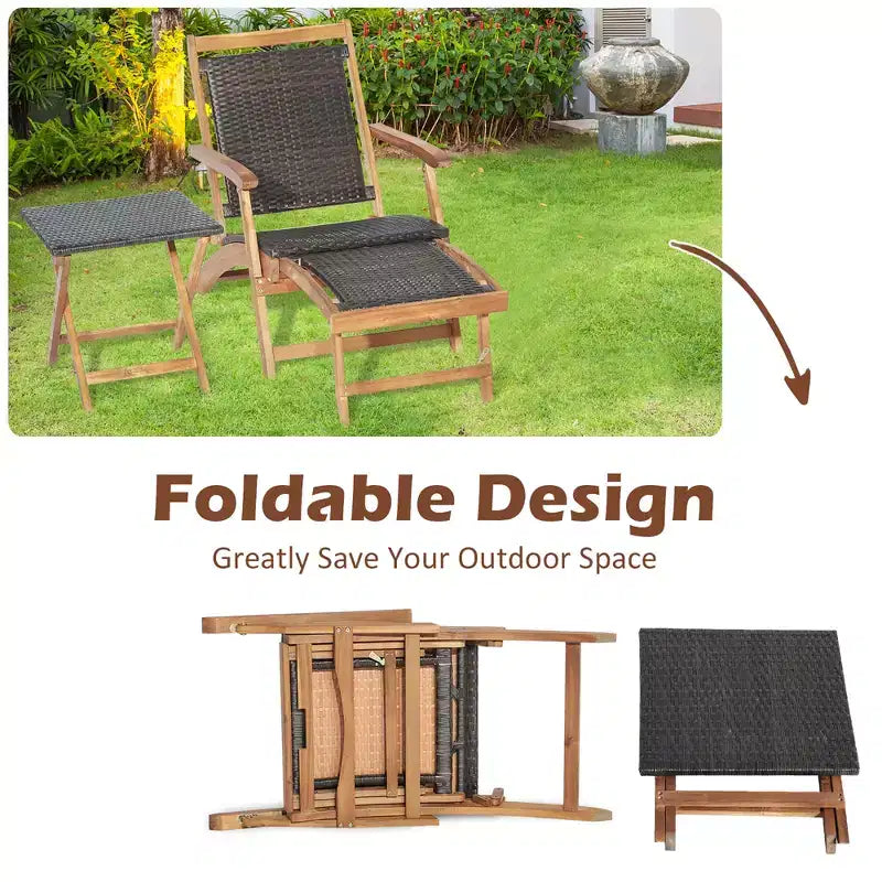 Costway Ensemble de salon de terrasse en rotin de 4 pièces avec table en bois d’acacia et repose-pieds rétractable