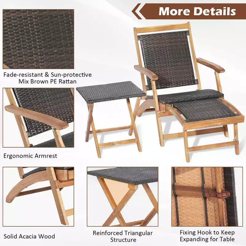 Costway Ensemble de salon de terrasse en rotin de 4 pièces avec table en bois d’acacia et repose-pieds rétractable