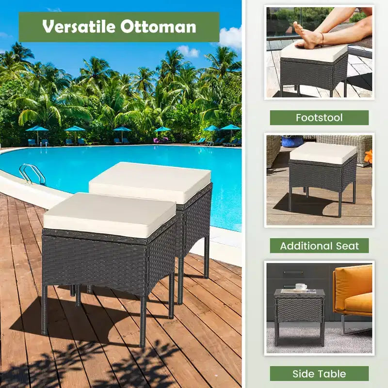 Ensemble de mobilier de jardin en rotin 5 pièces Costway, canapé rembourré, repose-pieds, accoudoirs et table d’appoint