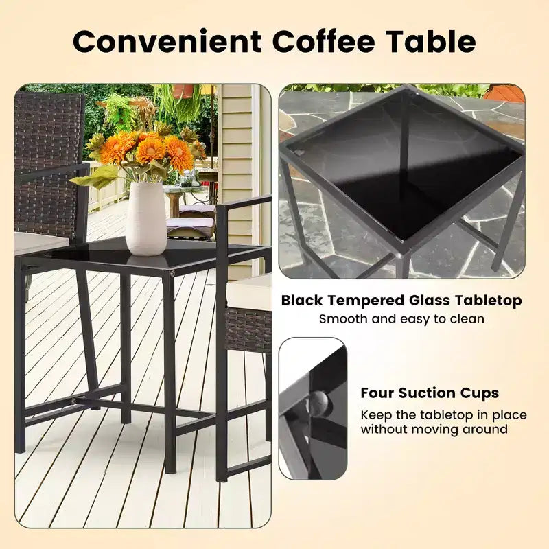 Costway 3pcs Patio Furniture Set Heavy Duty Cushioned Wicker Rattan Chairs Table