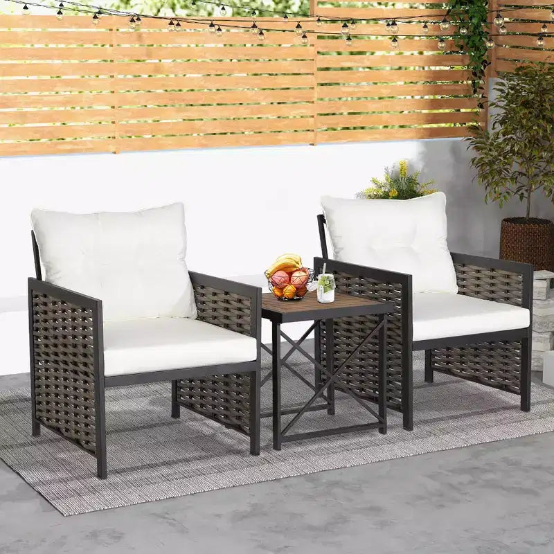 Conjunto de muebles de ratán para patio Costway, de 3 piezas, con mesa de centro de madera de acacia y 2 sillas, para el jardín