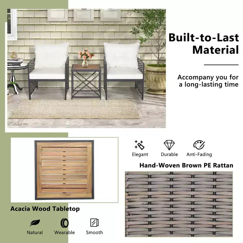 Conjunto de muebles de ratán para patio Costway, de 3 piezas, con mesa de centro de madera de acacia y 2 sillas, para el jardín