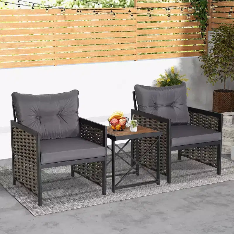 Conjunto de muebles de ratán para patio Costway, de 3 piezas, con mesa de centro de madera de acacia y 2 sillas, para el jardín