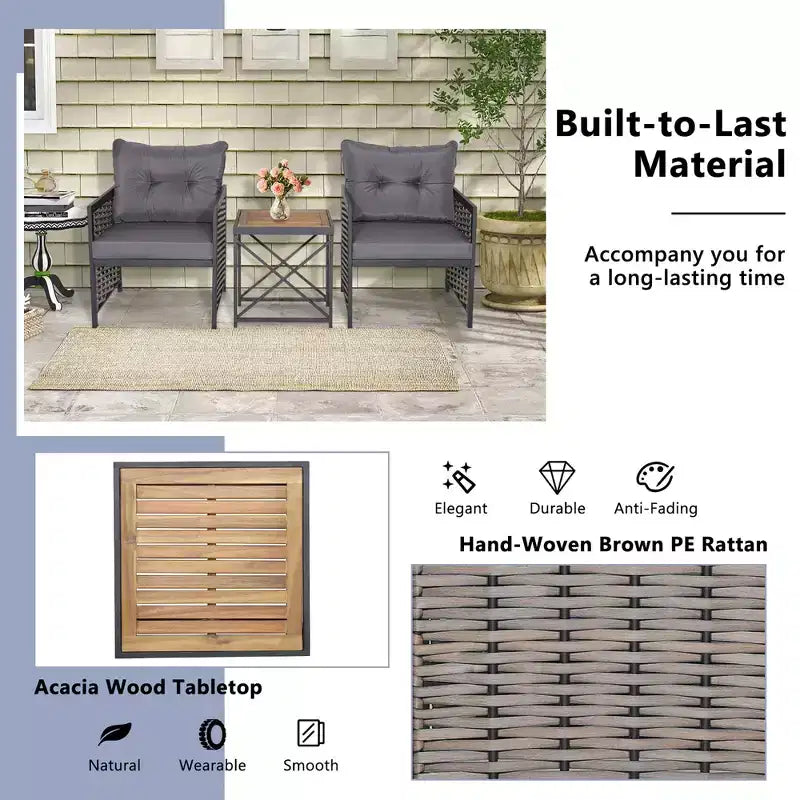 Conjunto de muebles de ratán para patio Costway, de 3 piezas, con mesa de centro de madera de acacia y 2 sillas, para el jardín