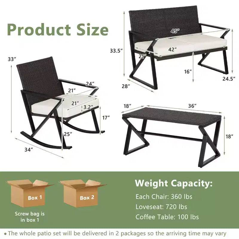 Costway 4PCS Patio Rattan Wicker Rocking Chairs Loveseat Table Rocker Set Cushions Porch