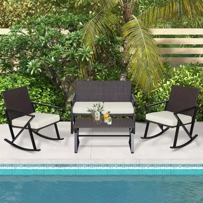 Costway 4PCS Patio Rattan Wicker Rocking Chairs Loveseat Table Rocker Set Cushions Porch