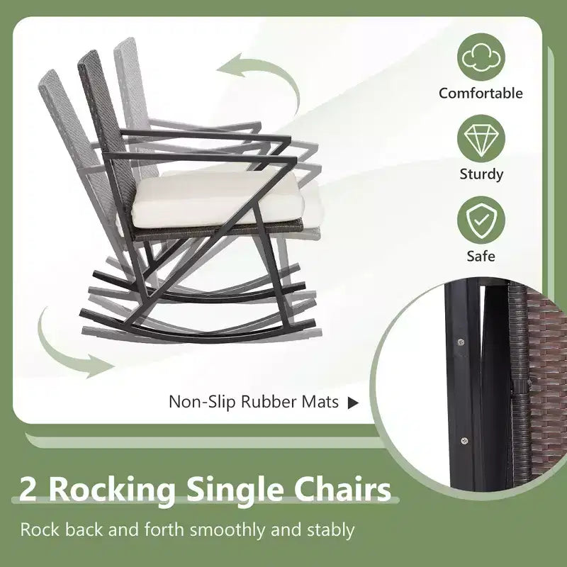 Costway 4PCS Patio Rattan Wicker Rocking Chairs Loveseat Table Rocker Set Cushions Porch