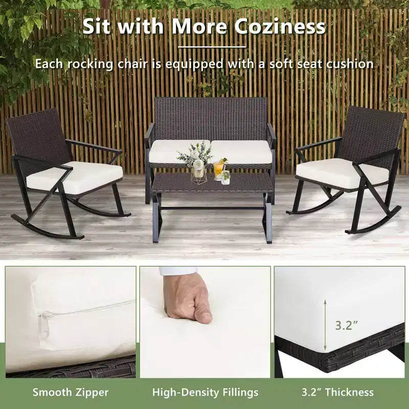 Costway 4PCS Patio Rattan Wicker Rocking Chairs Loveseat Table Rocker Set Cushions Porch