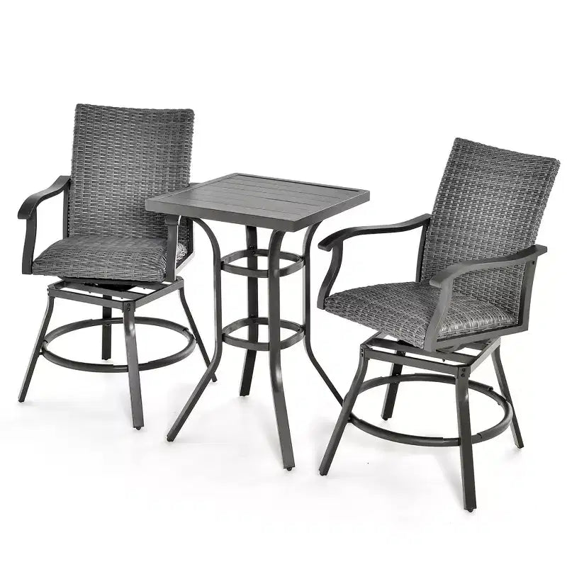 Conjunto de mesa alta y taburetes de ratán para patio de 3 piezas de Costway, aluminio, sillas giratorias de 360° con asiento acolchado