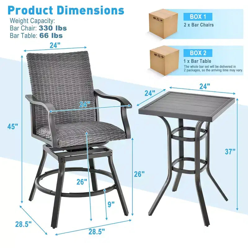 Conjunto de mesa alta y taburetes de ratán para patio de 3 piezas de Costway, aluminio, sillas giratorias de 360° con asiento acolchado