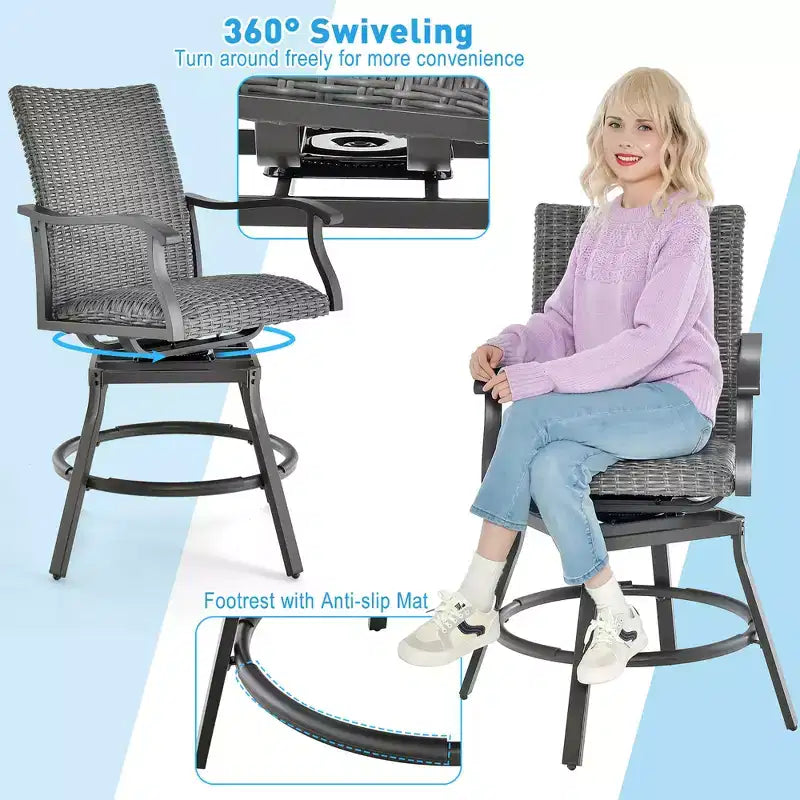 Conjunto de mesa alta y taburetes de ratán para patio de 3 piezas de Costway, aluminio, sillas giratorias de 360° con asiento acolchado