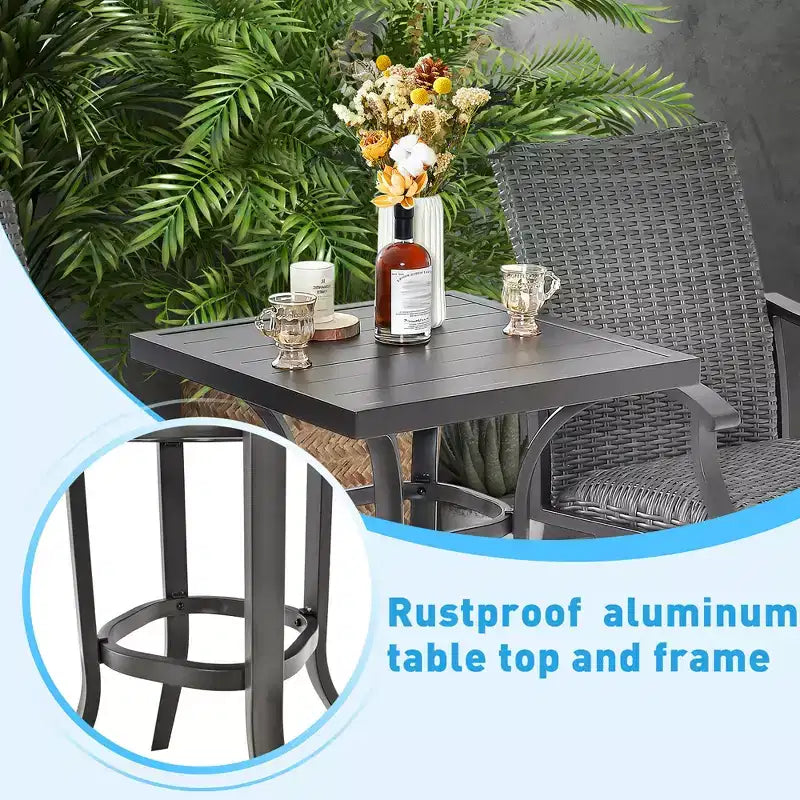 Conjunto de mesa alta y taburetes de ratán para patio de 3 piezas de Costway, aluminio, sillas giratorias de 360° con asiento acolchado