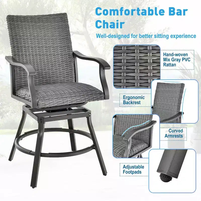 Conjunto de mesa alta y taburetes de ratán para patio de 3 piezas de Costway, aluminio, sillas giratorias de 360° con asiento acolchado