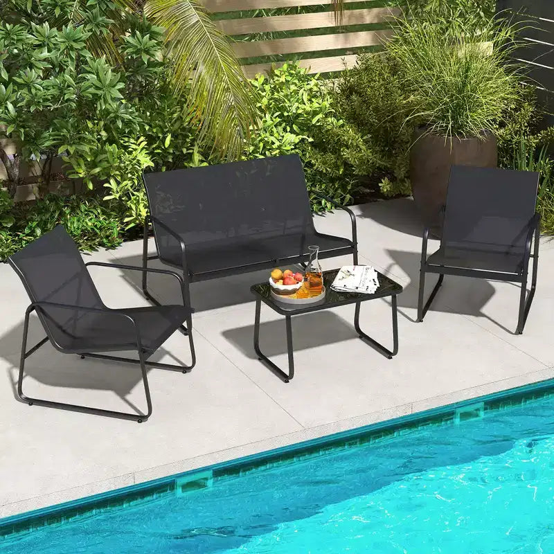 Conjunto de muebles de patio Costway de 4 piezas, mesa de centro de vidrio templado para exterior, silla y sofá biplaza