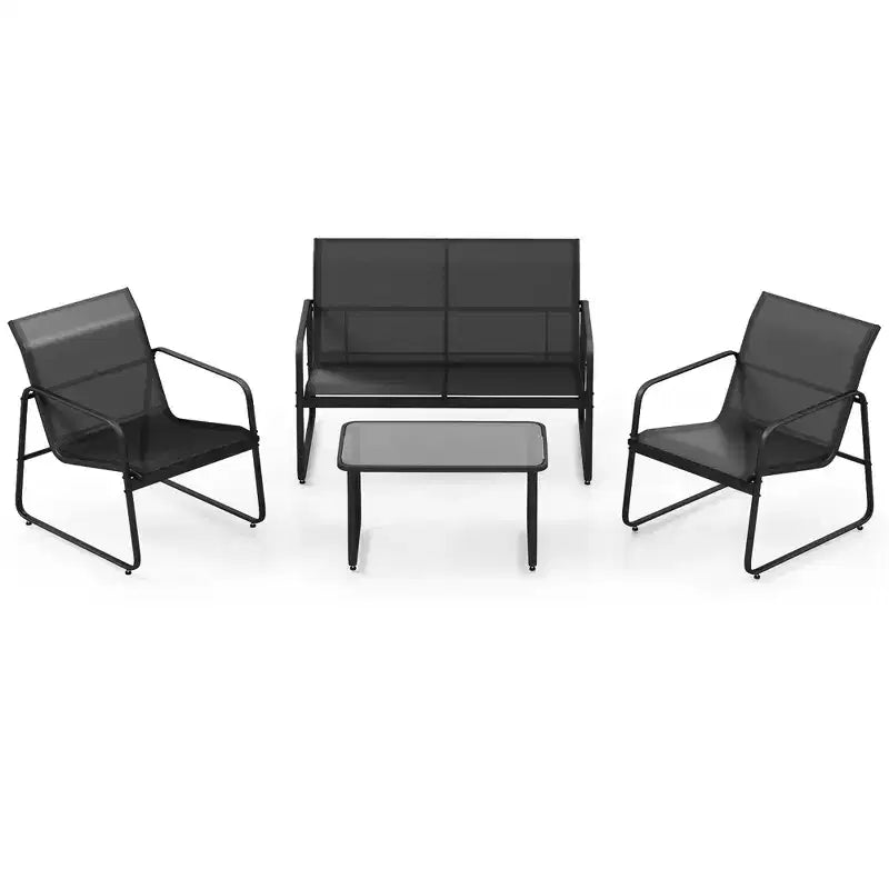 Conjunto de muebles de patio Costway de 4 piezas, mesa de centro de vidrio templado para exterior, silla y sofá biplaza
