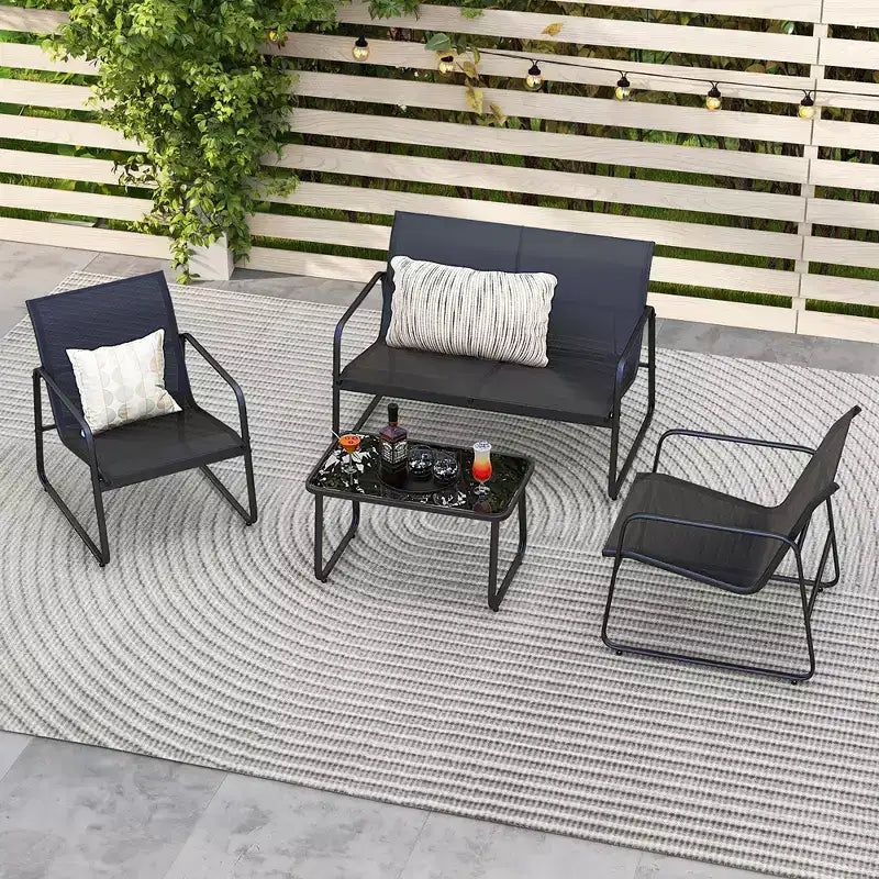 Conjunto de muebles de patio Costway de 4 piezas, mesa de centro de vidrio templado para exterior, silla y sofá biplaza
