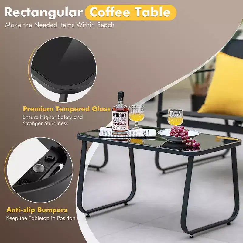 Conjunto de muebles de patio Costway de 4 piezas, mesa de centro de vidrio templado para exterior, silla y sofá biplaza