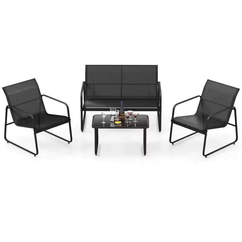 Conjunto de muebles de patio Costway de 4 piezas, mesa de centro de vidrio templado para exterior, silla y sofá biplaza