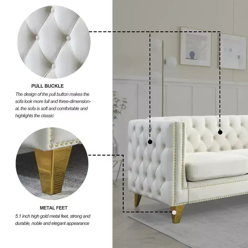 Modern Velvet Sofa with Button Tufted Square Arms and Metal Legs