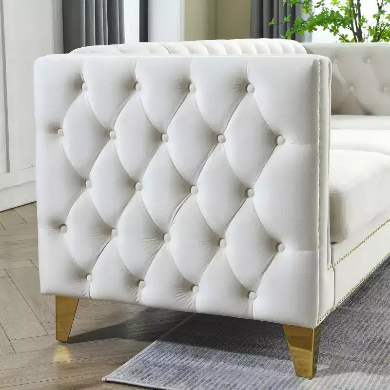 Modern Velvet Sofa with Button Tufted Square Arms and Metal Legs