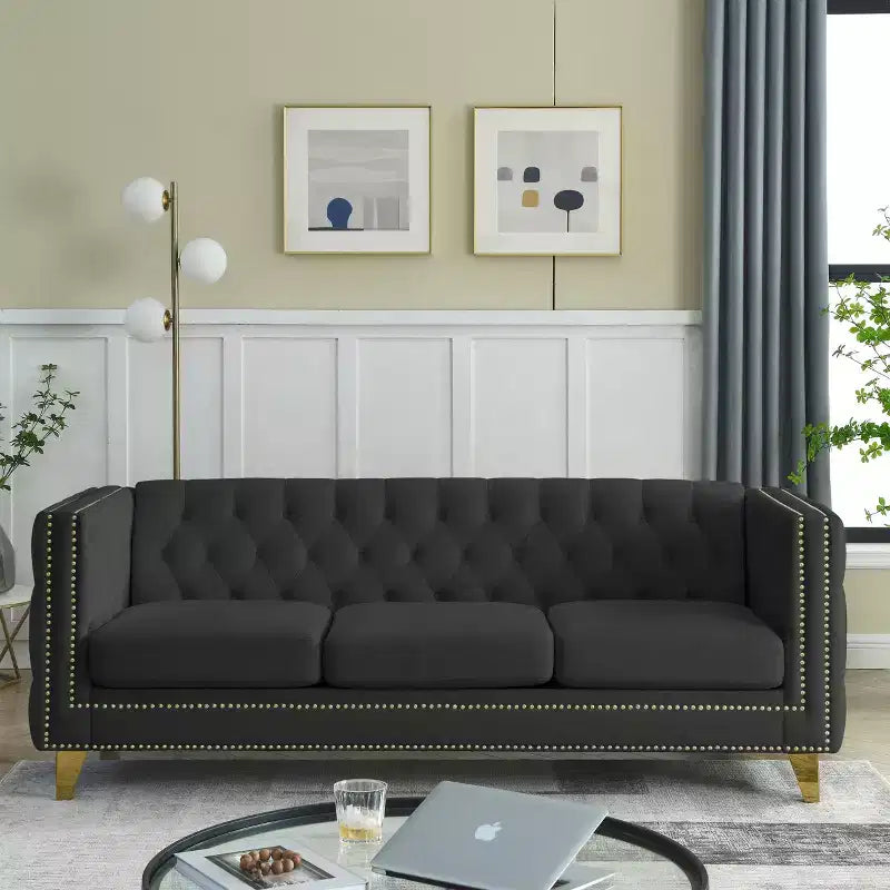 Modern Velvet Sofa with Button Tufted Square Arms and Metal Legs