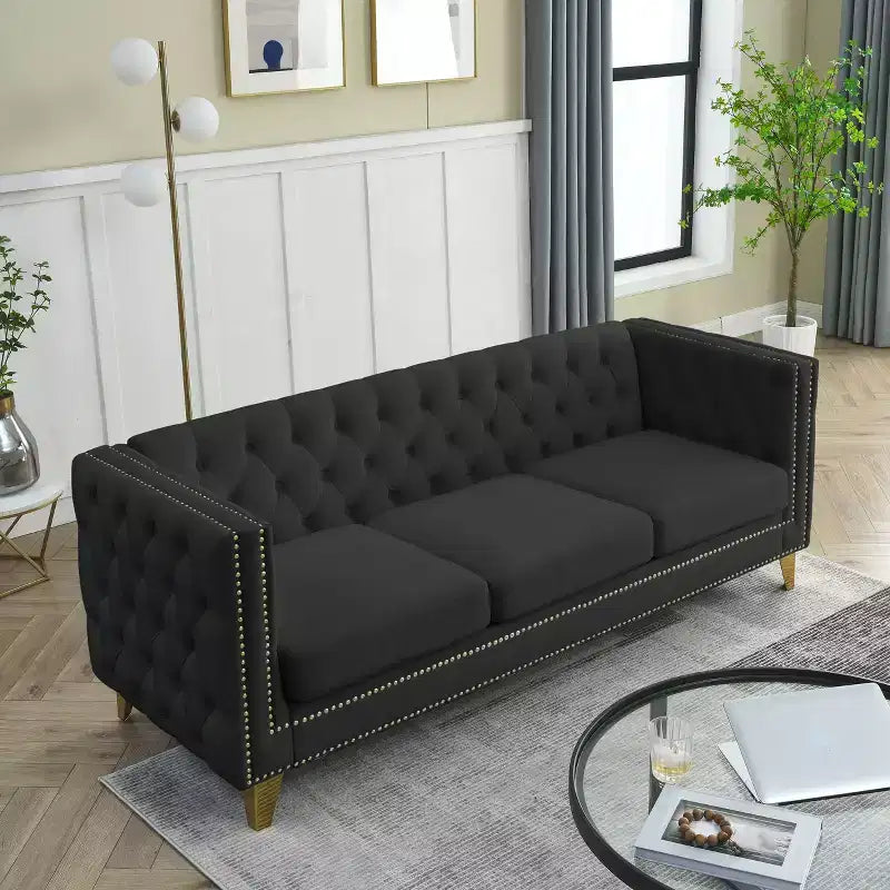 Modern Velvet Sofa with Button Tufted Square Arms and Metal Legs