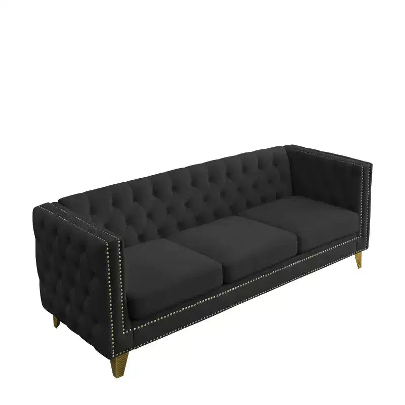 Modern Velvet Sofa with Button Tufted Square Arms and Metal Legs