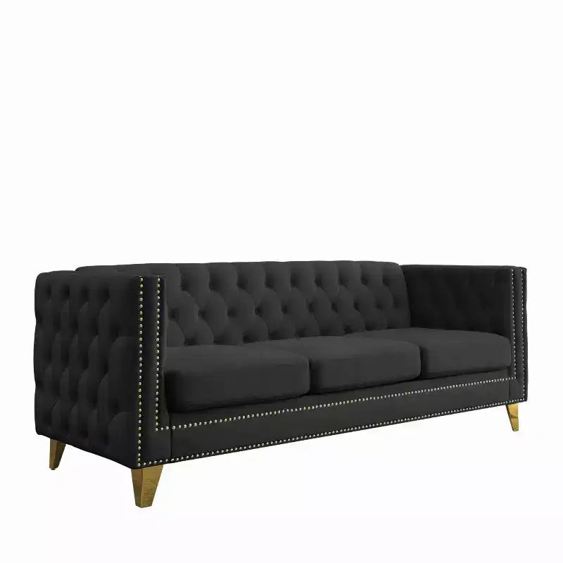 Modern Velvet Sofa with Button Tufted Square Arms and Metal Legs