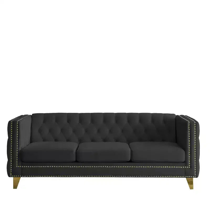 Modern Velvet Sofa with Button Tufted Square Arms and Metal Legs