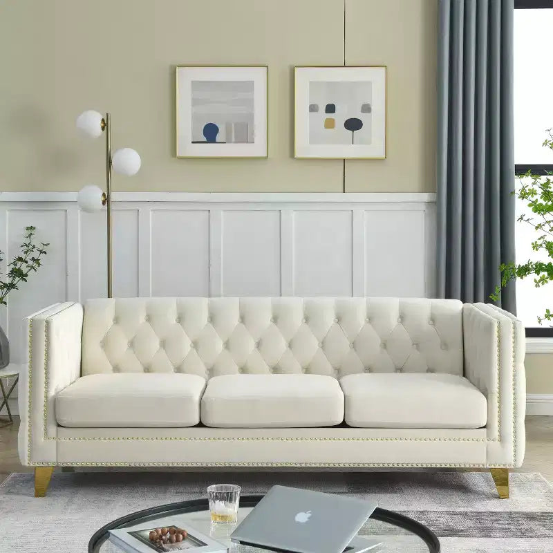 Modern Velvet Sofa with Button Tufted Square Arms and Metal Legs