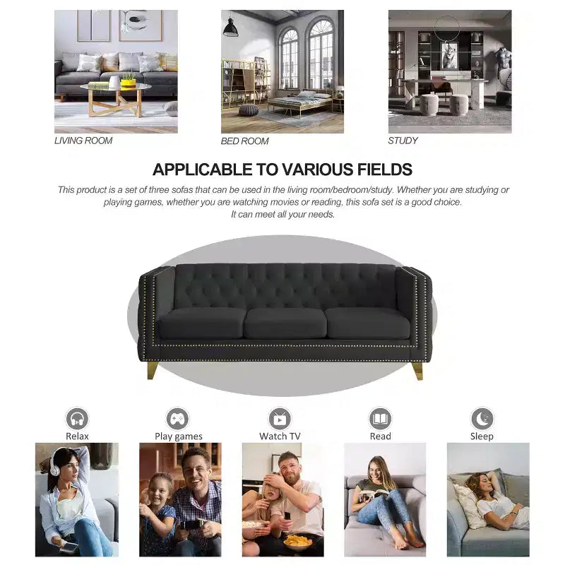 Modern Velvet Sofa with Button Tufted Square Arms and Metal Legs