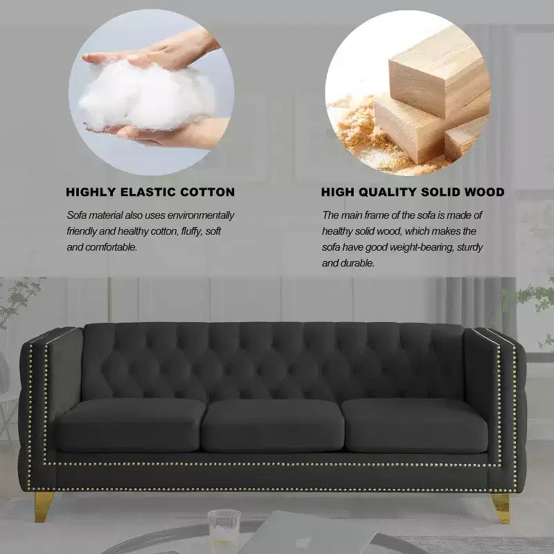 Modern Velvet Sofa with Button Tufted Square Arms and Metal Legs