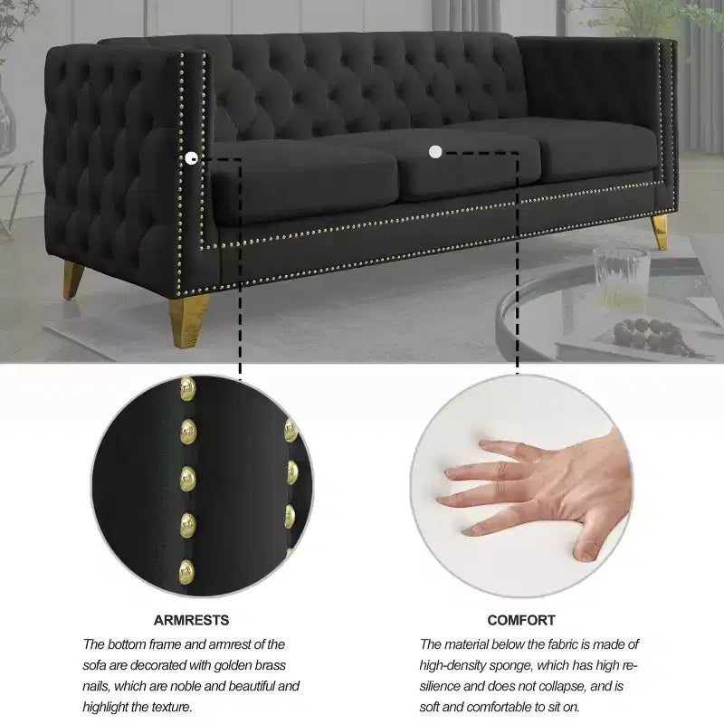 Modern Velvet Sofa with Button Tufted Square Arms and Metal Legs