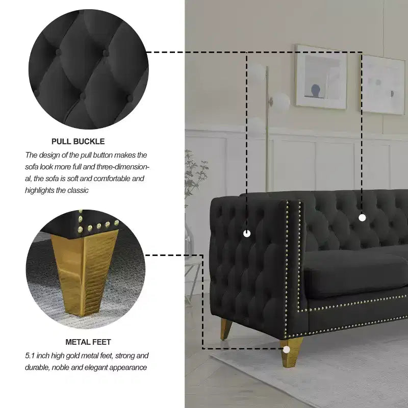 Modern Velvet Sofa with Button Tufted Square Arms and Metal Legs