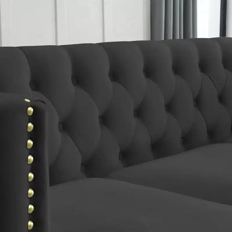 Modern Velvet Sofa with Button Tufted Square Arms and Metal Legs