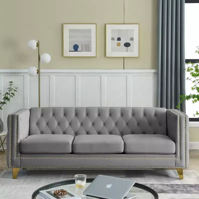 Modern Velvet Sofa with Button Tufted Square Arms and Metal Legs